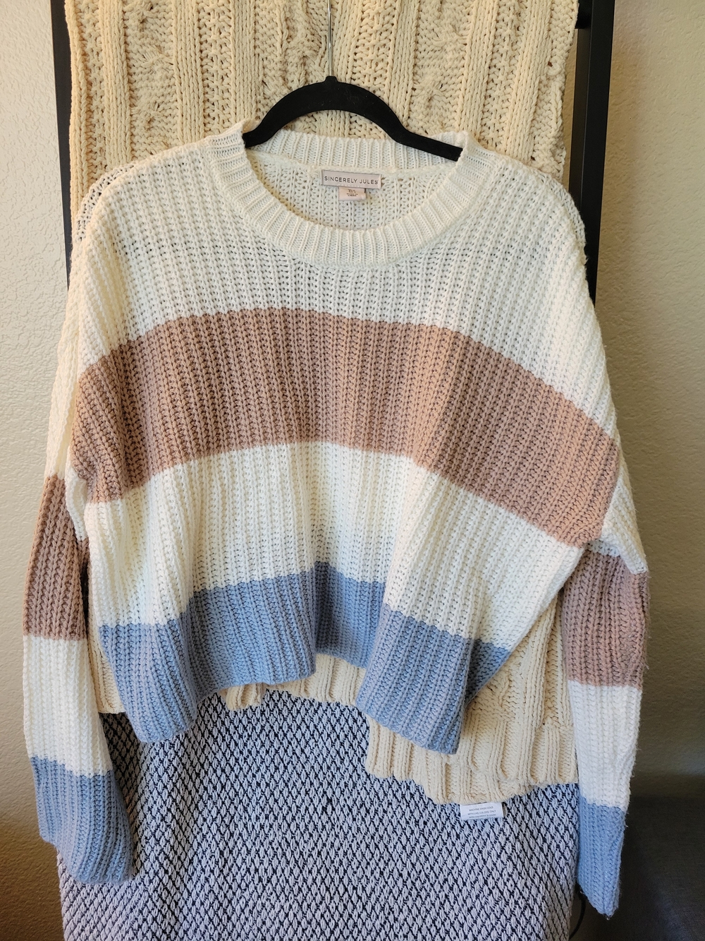Sincerely Jules Cream, Dusty Rose & Light Blue Striped Crewneck Sweater